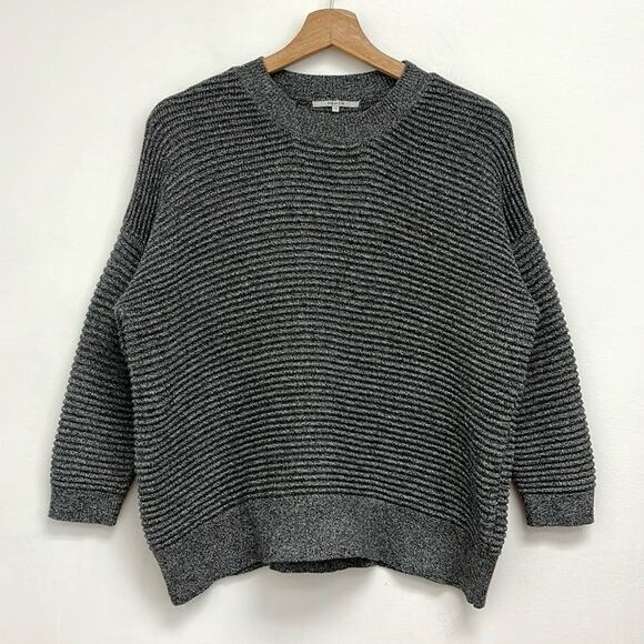 FRNCH Ribbed Textured Boxy Crewneck Pullover 3/4 Sleeve Cotton Sweater S/M - Picture 1 of 13